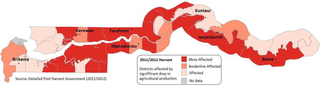 Karta över krisens utbredning Missväxt i Gambia FIOH ökar kapaciteten i VDP spannmålsbanker Gambias jordbruksdepartement har förklarat odlingssäsongen 2011-2012 som misslyckad orsakad av svår