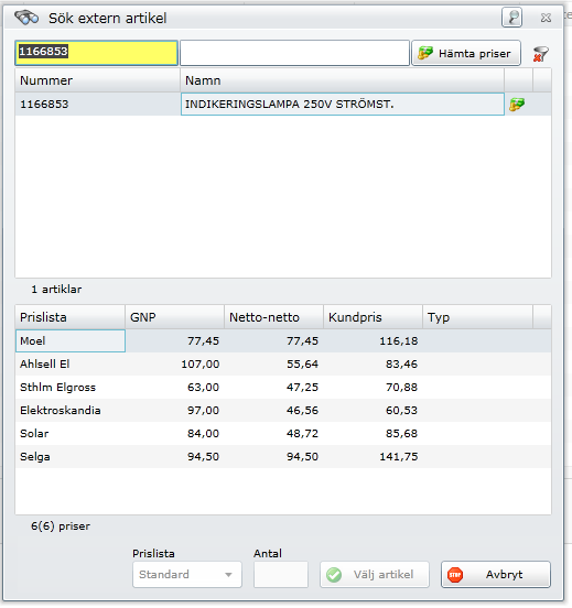 Externa artiklar Vi har idag en rad grossister kopplade mot våra externa artiklar. Du kommer åt artiklarna genom att klicka på kikaren. Vi har idag kopplingar mot Entreprenadgrossister.