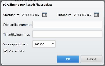 Försäljning per Kassör / Kassaplats Sorteringen är på artiklarna men grupperingen kan välas om man vill ha ut på Kassör eller Kassaplats.