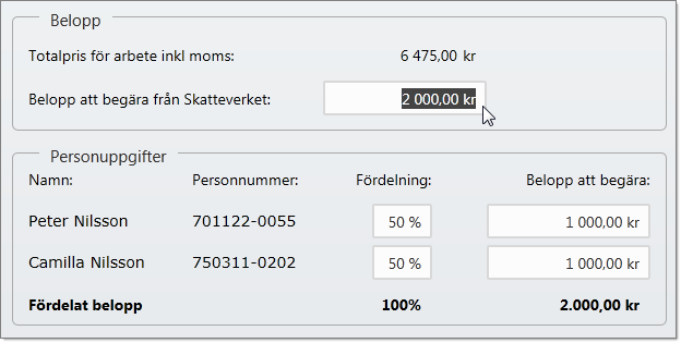 Fördelning mellan ansökande personer Som standard fördelar tjänsten avdraget jämnt mellan de sökande. Det totala beloppet står högst upp vid rubriken Belopp att begära från Skatteverket:.