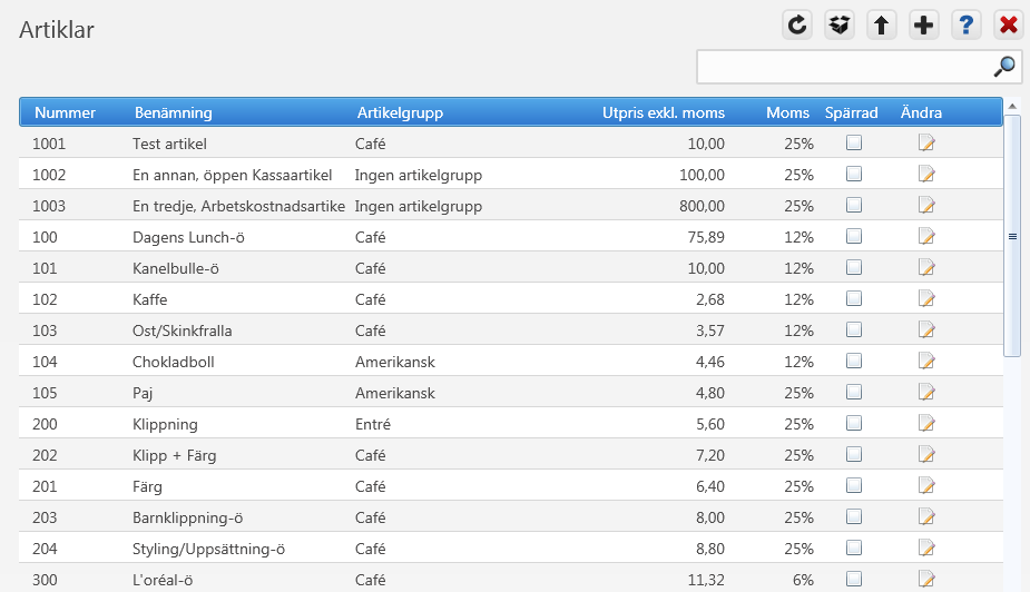 Artikelregister Klicka på ikonen för Artiklar under Verktyg. Här ser du ditt artikelregister. Innan du registrerat dina artiklar är listan tom.