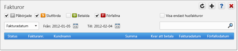 Faktura Fakturaöversikt Går du in på fliken Faktura kommer du till översikten över gjorda fakturor. Listan är första gången du är inne tom då inga fakturor har slagits ut.