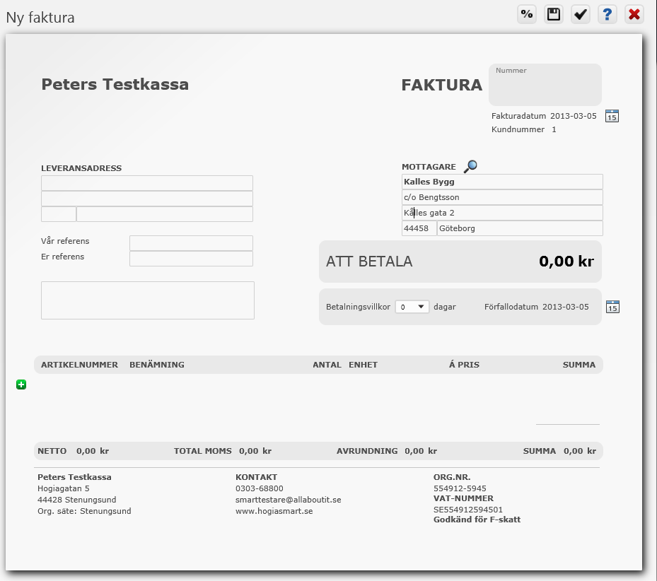 Fakturafönstret är gjort exakt så som din faktura kommer att se ut. Har du laddat upp en bild så ligger den längst upp till vänster på fakturan. Om inte så står ditt företagsnamn där istället.