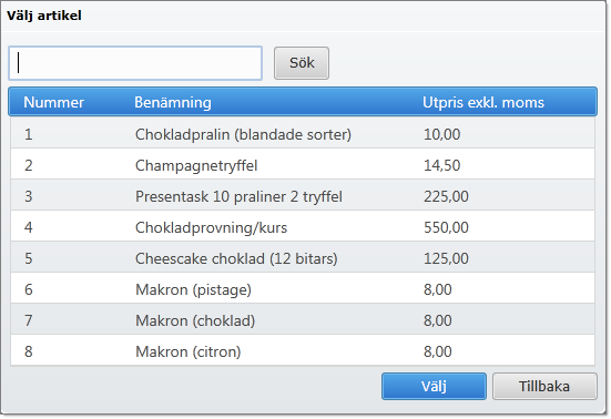 Den valda artikeln läggs till som en fakturarad med antal 1,00. Á pris hämtas från artikeln men kan ändras. Sparas då enbart på fakturan.