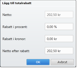 Du kan här ange rabatten på tre sätt: Rabatt i procent - Ange procentuell rabatt som