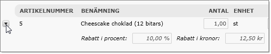 Oavsett vilket sätt du använder för att ange totalrabatten så fördelas rabatten ut på varje fakturarad. Vill du justera en rad går det att gå in på den och ändra rabatten på just den fakturaraden.