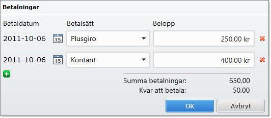 Betalningshantering För att betala en faktura går du in på Faktura fliken och plockar fram den faktura som skall betalas. Klicka på knappen Betalningar.