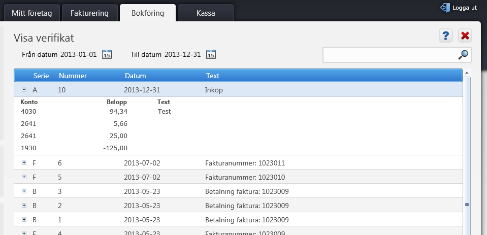 Bokföring Det första du ser när du går in på bokföringsfliken är översikten. Dels visas ditt resultat per månad, där den ena kurvan visar Totalt och den andra månadens resultat.