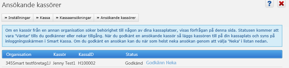 Ansök om Kassatillhörighet För att ansöka om att ha en kassör i en annan kassa anger man den ansökta kassans KassaID (Börjar med H och ett antal siffror) samt vilken kassör man vill ansöka med.