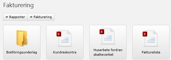 Rapporter För att ta ut kundreskontrajournal, bokföringsunderlag etc. klicka på ikonen för Rapporter under Verktyg. Klicka på kategori Fakturering.