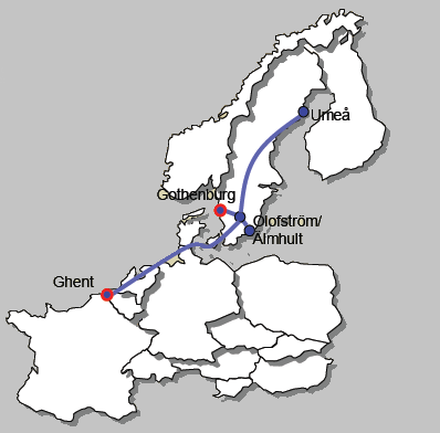 hamnarna i Halmstad, Göteborg och Malmö till terminaler i Södertälje, Sundsvall, Umeå och Luleå (Svensk Åkeritidning, 2012).