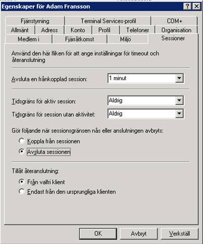 1. Vid eventuellt avbrott mellan terminal-server och RDP-klient så är det viktigt att klienten inte kan återansluta till samma session eftersom det ofta ger problem