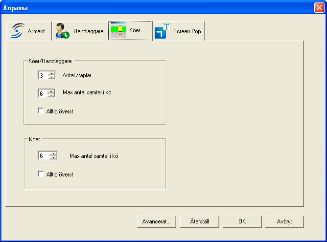Köer Fält Köer/Handläggare Antal staplar Max antal samtal i kö Alltid överst Inställningar för Admin bilden Köer/handläggare Antal kolumner, dvs antal köer som visas Max antal samtal som kan visas