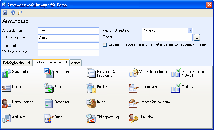 ANVÄNDARANPASSNINGAR Automatisk inloggning när användarnamnet är samma som i operativsystemet Markeras om användarnamnet du har i programmet är likt det som du använder vid inloggning i MS Windows.