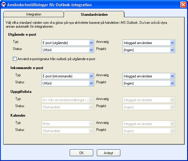 E-POST Manuell överföring innebär att du manuellt kan skapa aktiviteter i programmet baserade på de val du har gjort i användarinställningarna för Outlook när nya element skapas.