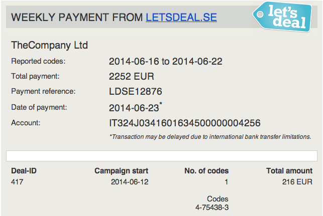 Campaign result This section explains the result of your Let s deal campaign in terms of revenue, fees, payments, and bookkeeping. Sales revenue Letsdeal.