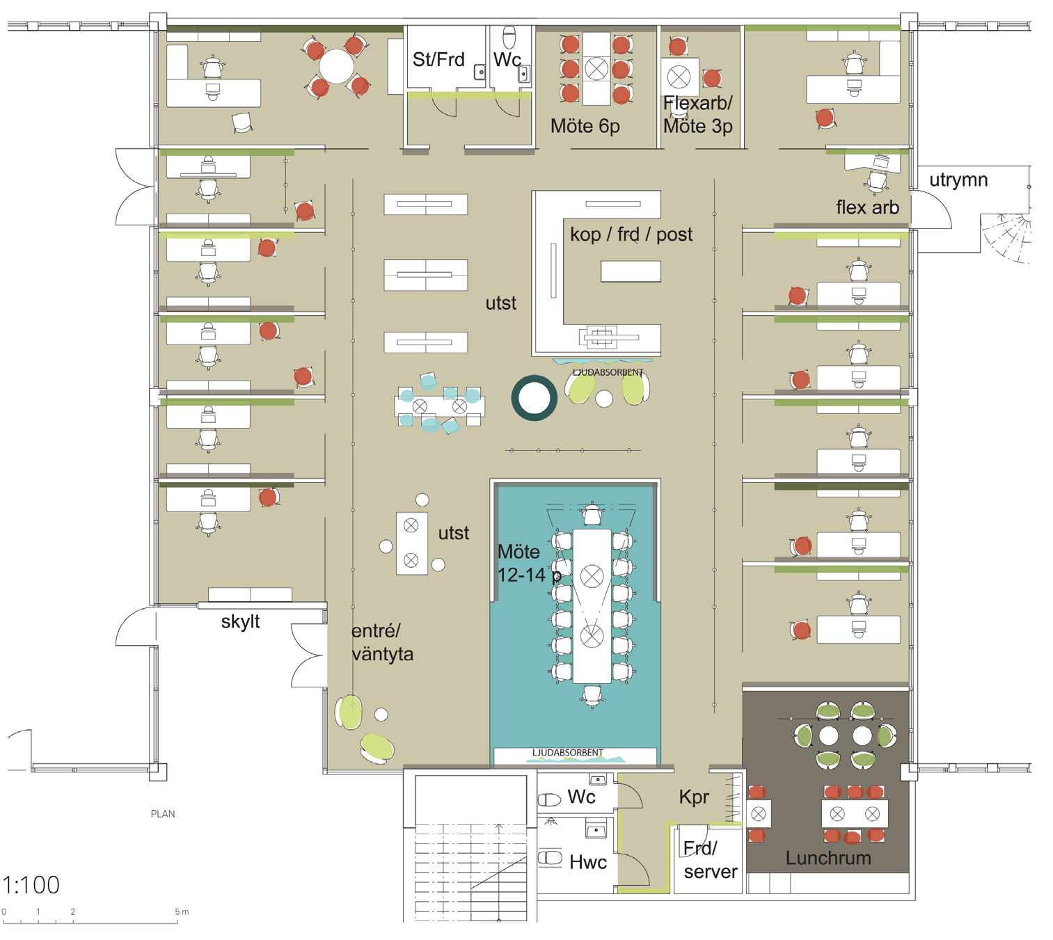 Ett utkast över ett framtida kontor på ca 460 m 2 med en blandning av arbetsplatser, lunchrum, möteslokaler, grupprum.