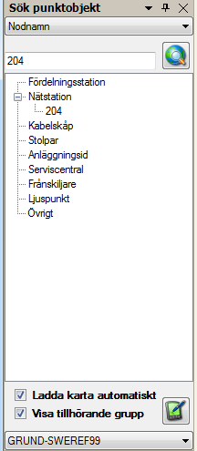 Paneler som finns i NetDoc Mobile Verktyg för att söka punktobjekt Bild 11, bilden visar sökverktyget för NetDoc Mobile. NetDoc Mobile erbjuder ett antal sökmöjligheter.