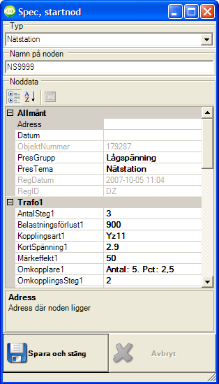 Bild 29 11. Tryck på knappen Spara och stäng om du är nöjd med data för stationen och transformatorn för att fortsätta.