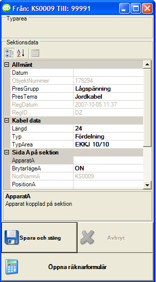 Mobilen ger ett förslag på typ och area genom att visa under Typarea typarea för ledningen som kopplades sist. 9. Välj från listan EKKJ 10/10 i stället för AKKJ 50/16 som systemet anger som förslaget.