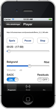 Fig. 1. Hörbarhetsappen i en Iphone Appens gränssnitt består av knappar för val av lyssningssätt on demand eller livestreaming.