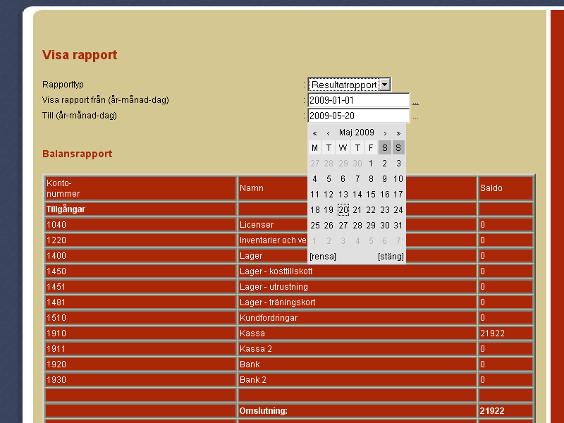 Analys Figur 5.2 Rapportvisning. Efter val av rapporttyp kan datum väljas med hjälp av en kalender eller skrivas in manuellt. 5.2 Organisationens mål 1.