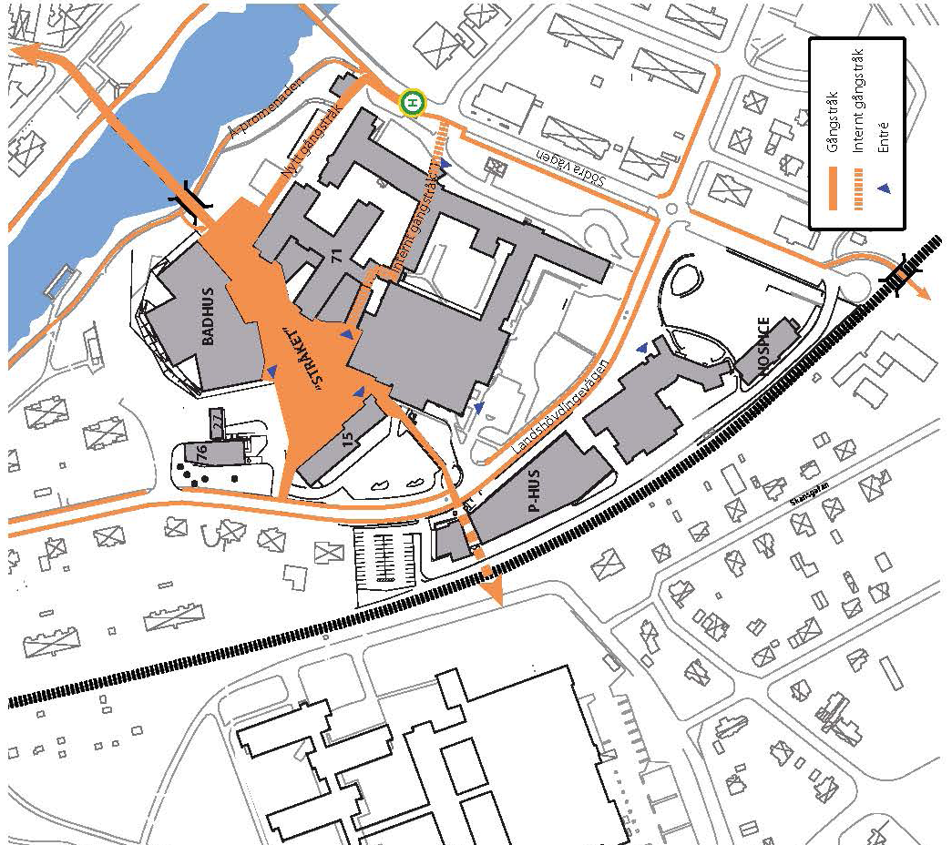 Förslag till utveckling av gångnätet i samband med utvecklingen av sjukhusområdet.