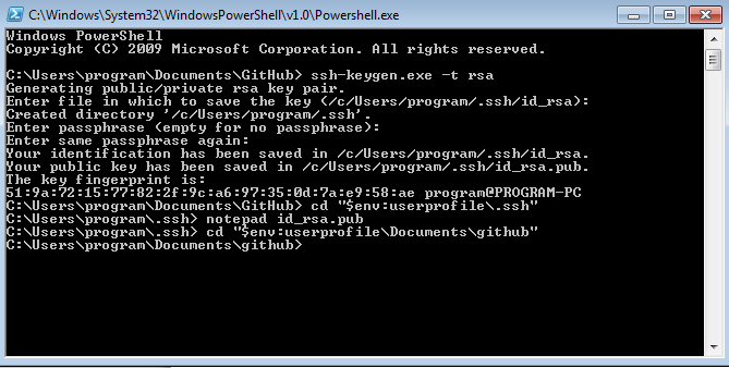 Skriv: ssh-keygen.exe -t rsa, tryck sedan enter tills att prompten visas igen. Skriv: cd "$env:userprofile\.ssh" Skriv: notepad id_rsa.