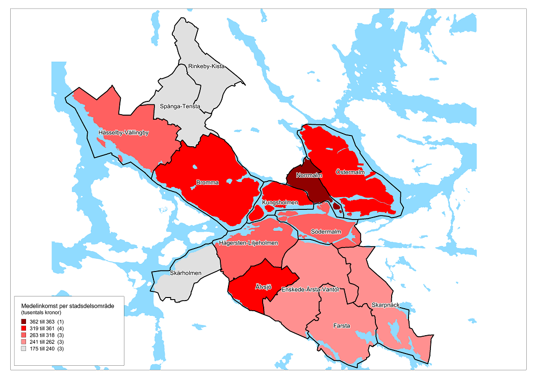 INKOMSTER I STOCKHOLMS STADSDELSOMRÅDEN Medelinkomsten för hela Stockholms stad avseende sammanräknad förvärvsinkomst för befolkningen över 20 år var cirka 293 000 kronor.