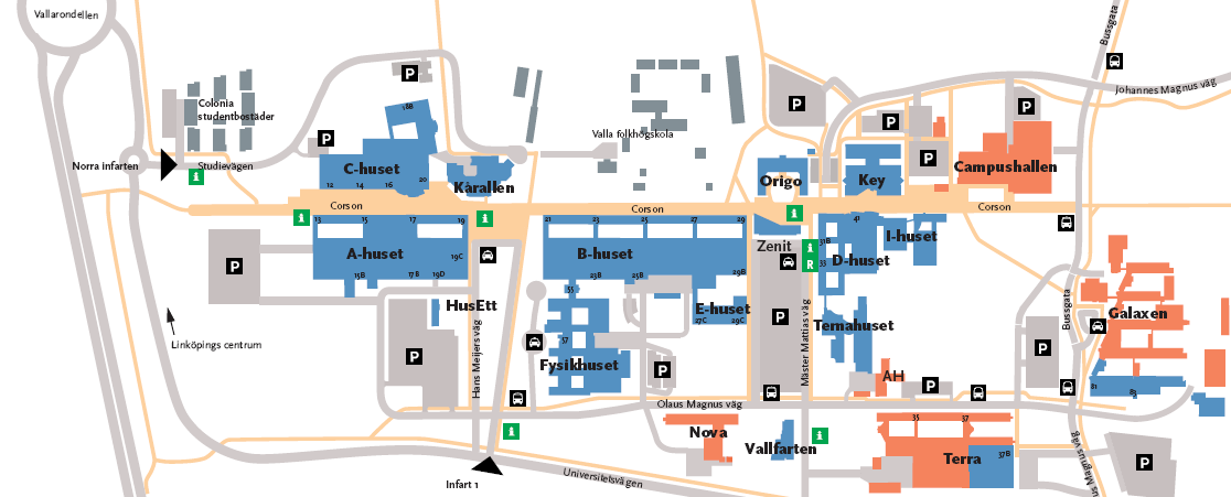 Campusguiden Linköpings Universitet har tre Campus, i två städer. Campus Valla och Campus US i Linköping och Campus Norrköping i Norrköping.