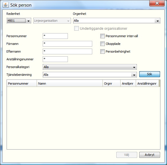 Användarhandbok EGENRAPPORTERING Sida 2-2 Fönstret Sök person 2 Ange urvalsparametrar och klicka på Sök.