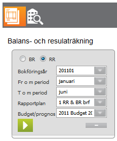 Beskrivning av funktioner Urvalsprinciper BR betyder Balans Räkning RR betyder Resultat Räkning Bokföringsår väljs automatiskt innevarande år. I droppmenyn kan tidigare perioder väljas.