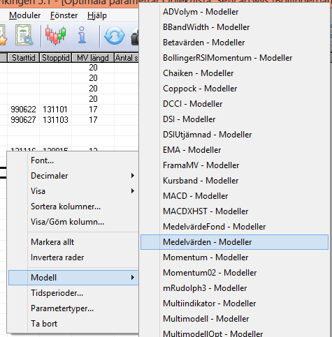 Det finns flera alternativ på snabbmenyn för att bearbeta tabellen: Modell Öppnar dialogrutan Ange värde där du kan välja en ny modell att
