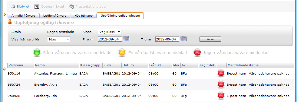 Education Sida 12/16 Rapporten Frånvarotillfällen veckovis 8.1.2 Uppföljning ogiltig frånvaro Informationen som visas i fält Meddelandestatus visades tidigare bara som tooltip på ikonen.