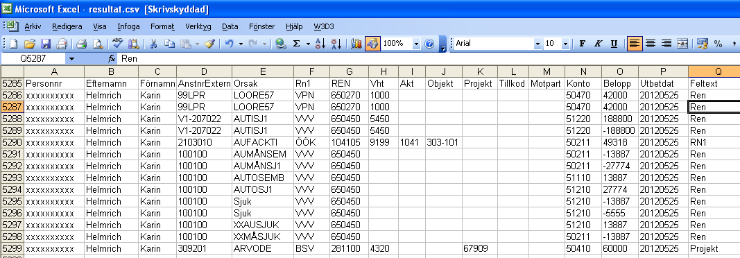 Resultatet presenteras i Excel och innehåller Personnr, För- o efternamn,