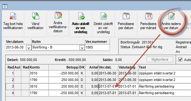 Möjlighet finns att ändra datum under övriga funktioner (Ctrl + F3). Ändra datum på verifikationsrader Om man endast vill datumändra enstaka rader i ett verifikat går det att göra.