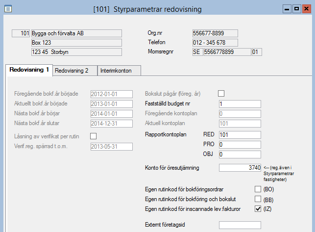 Styrparametrar redovisning Sökväg: Redovisning Registervård Styrparametrar redovisning Flik Redovisning 1 I Styrparametrar redovisning finns ett antal flikar som tjänar som register för inställning