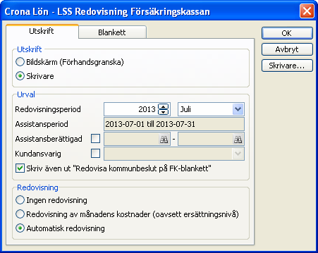 Çrona Lön LSS Redovisning 8 Redovisning Försäkringskassan Efter att du har granskat uppgifterna som skapades vid beredningen och de är korrekta skall du skriva ut blanketten för att redovisa till