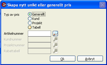 När du har valt Ok kommer du automatiskt till flik 2. Inställning. Här anger du det kundspecifika priset på den artikel du har valt. Istället för ett fast pris kan en rabattsats anges.