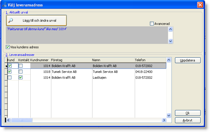 Leveransadresser Om du vill att en annan kund ska fungera som leveransadress till den kund du arbetar med använder du Leveransadresser. Du kan även lägga upp Kontakter som leveransadresser.