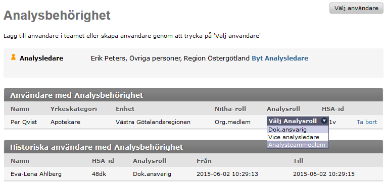 1. För att hitta användare finns det en sök funktion ovanför listan. Ange namn, del av namn eller HSA-id och tryck på Sök. 2. Analysbehörighet visas igen med vald person och vald roll i listan. 3.