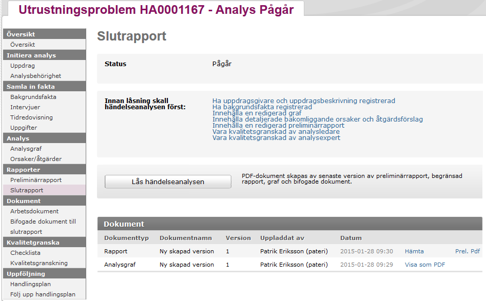 3.19 Avidentifiera händelseanalysen Analysledare eller vice analysledare ansvarar för att händelseanalysen är helt avidentifierad innan låsning och överföring till kunskapsbanken i Nitha sker.