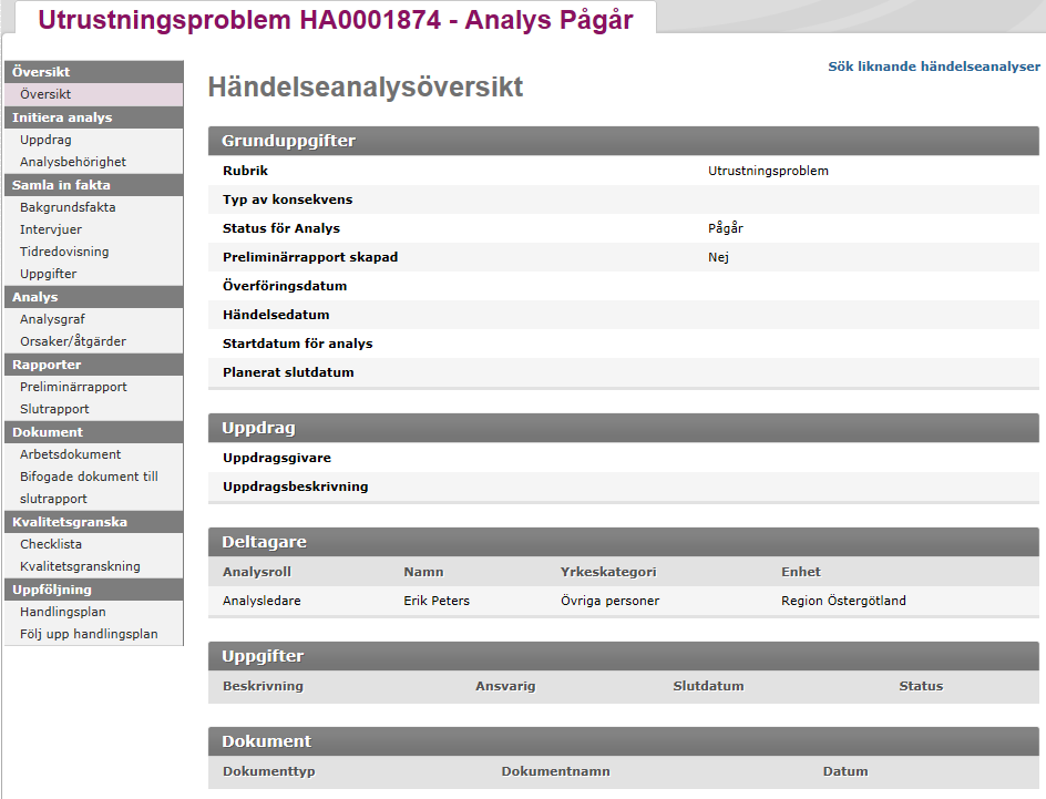 Hjälp: En hjälpsida med länk till manual, handbok och kontaktinformation till systemadministratörer. Logga ut: Användaren loggas ut.