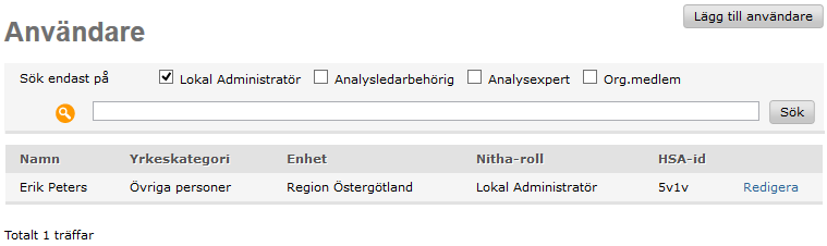 4 Administrering av användare 4.1 Visa användare i Nitha Analysledare och lokal administratör kan söka och lista Nitha användare. 1. Välj Lokal adm i huvudmenyn. 2. Välj Användare i vänstermenyn. 3.