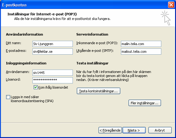 Inställningar Çrona Lön Handbok I Utgående SMTP-server samt användarnamn och eventuellt lösenord i Outlook.