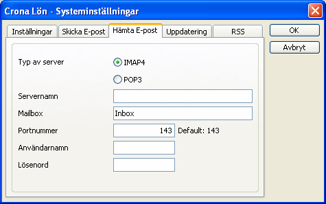 Çrona Lön Handbok I Inställningar Servernamn Här anger du IP-adressen till din e-postserver eller ditt servernamn. Mailbox Kan bara anges vid IMAP inställning. Normalt ska det stå Inbox i detta fält.