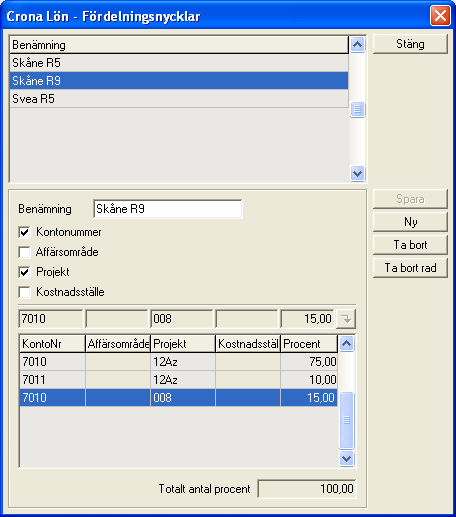 Bokföring Çrona Lön Handbok II För att skapa en eller flera fördelningsnycklar väljer du menyalternativet Register, Fördelningsnycklar och ovanstående dialogruta kommer fram.