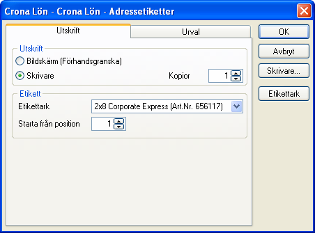 Çrona Lön Handbok II Utskrifter B Adressetiketter I Crona Lön kan på ett enkelt sätt skriva ut namn och adress för dina anställda på etiketter.