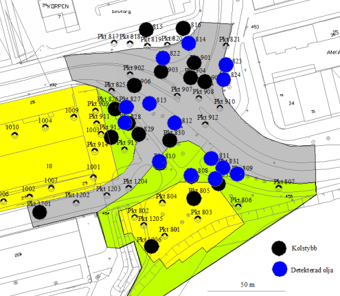 Figur 14 Grafisk redovisning av föroreningssituationen med avseende på PAH från kolstybb och detekterad olja (källa: Riskvärdering Södra hamn, Luleå, MRM Konsult AB 2012-02-14) 3.4.5 Påverkan på kringboende En bedömning har gjorts av Sweco Environment AB hur en sanering respektive kvarlämnande av påträffade föroreningar hälsomässigt påverkar kringboende i området.