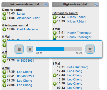 Telavox Växeltjänster Inspelade samtal Kom ihåg dina muntliga avtal Inspelade samtal ser till att du alltid kan återspela dina gamla samtal. Både inkommande och utgående samtal spelas in.